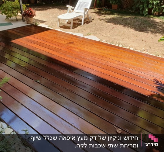 דק עץ מבריק בגינה עם צמחים מסביב